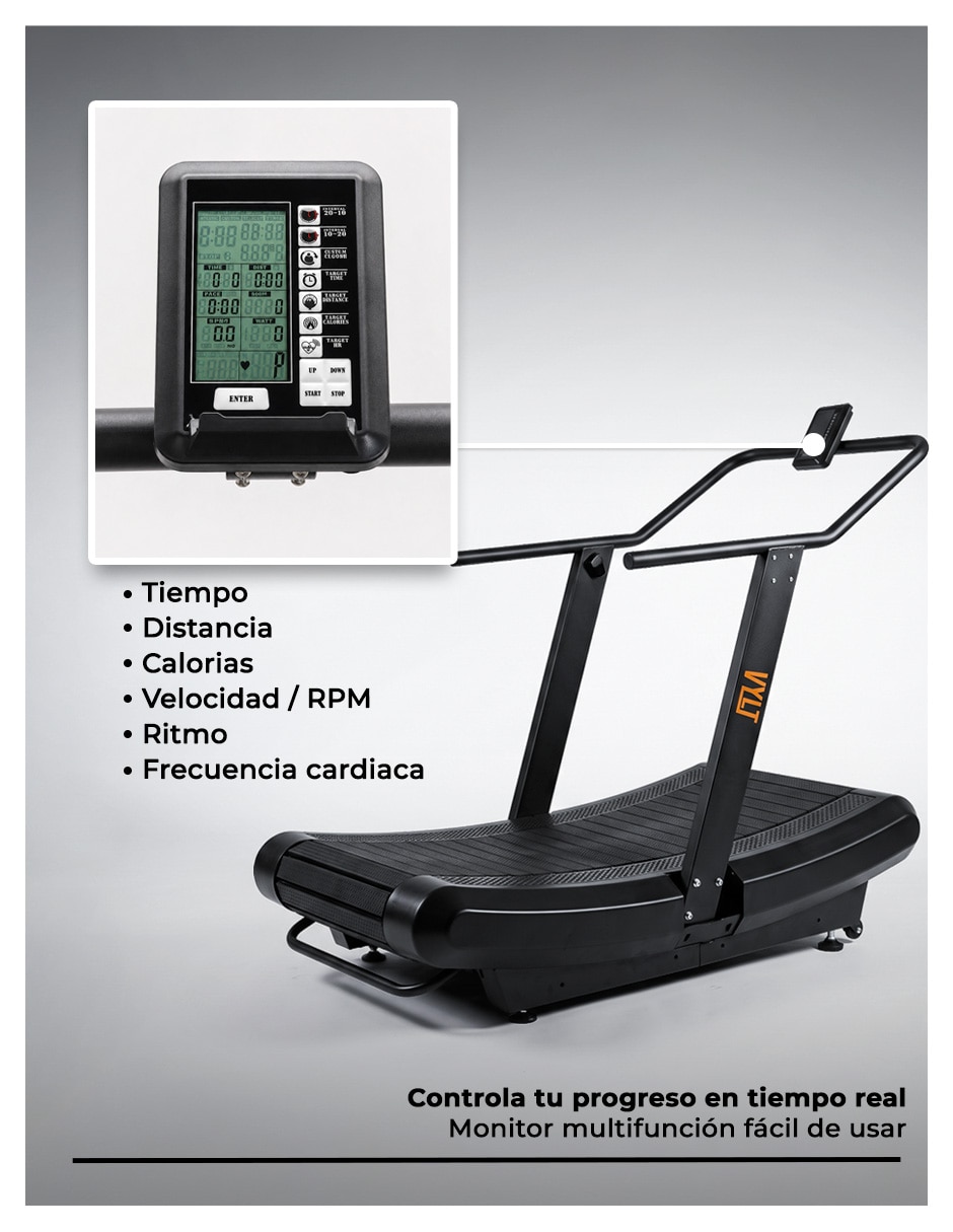 Caminadora curva con inclinación ajustable velocidad 0–20 km/h y pantalla led